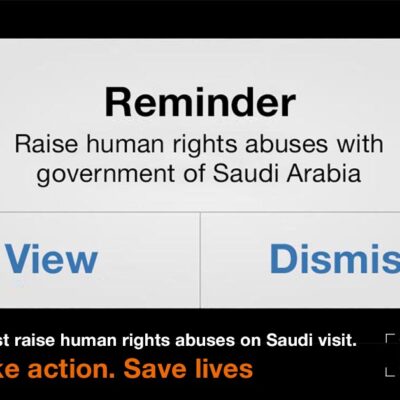 Graphic depicting a reminder to Theresa May to raise human rights abuses with the government of Saudi Arabia