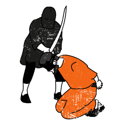 Image of a dark figure preparing tot cut a prisoners head off