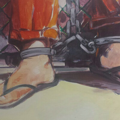 Twitter image of Sabry al-Qurashi's artwork showing feet shackled in Guantanamo